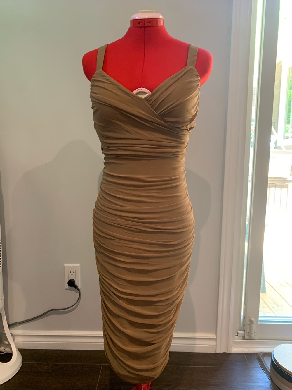 Fashion Nova Brown Ruched Crossover Midi Dress